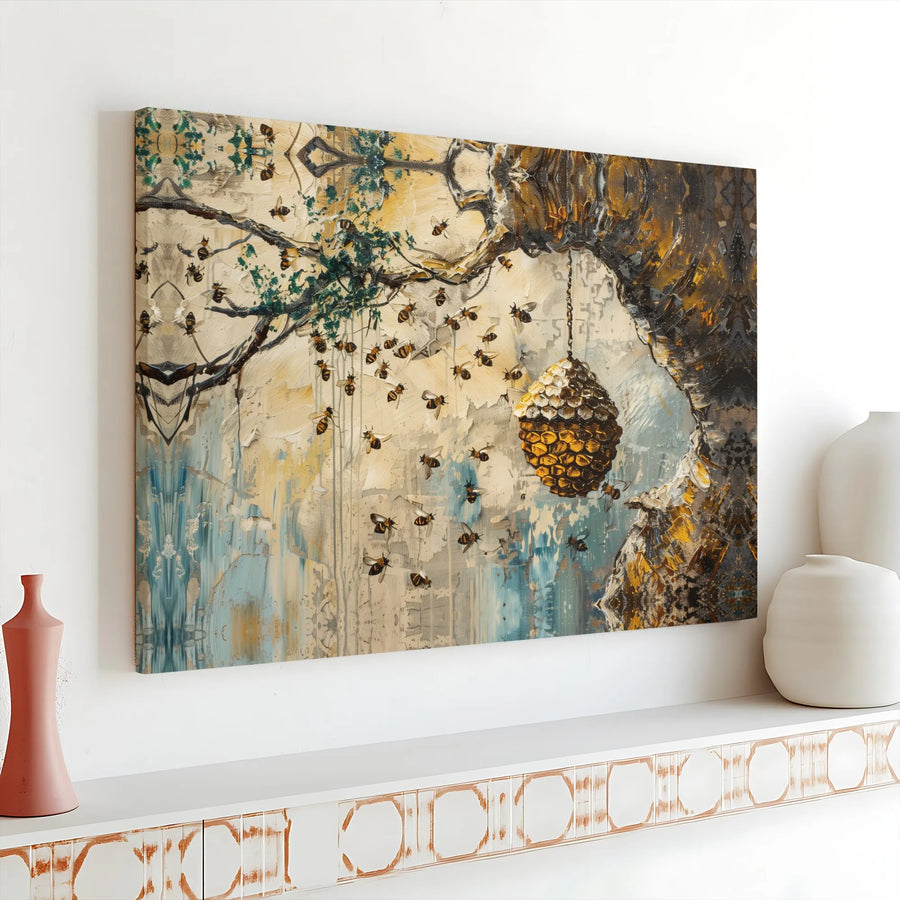 Honey Beehive Horizontal Canvas | Textured Impasto Style Wild Bee Tree Art | Premium 1.25 Inch Stretched Gallery Wrap | Rustic Nature Lover Home Gift