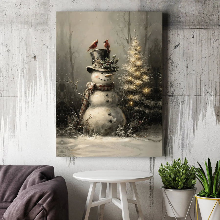 Snowman Canvas Wall Art | Christmas Cardinal Winter Scene | Premium Gallery Wrap Decor | Festive Holiday Gift for Home