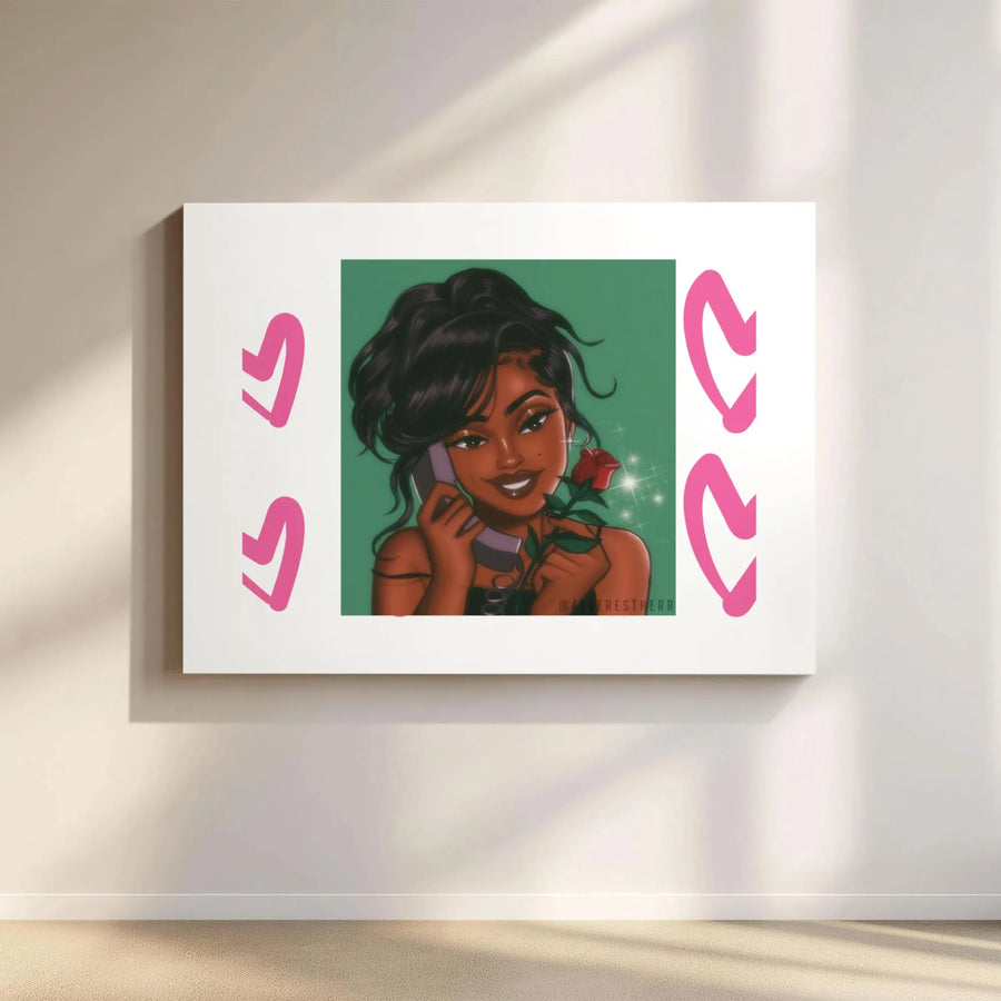 Black Woman Illustration Canvas | Romantic Rose and Phone Aesthetic Art | Premium Gallery-Wrapped Print | Wall Decor for Her Bedroom or Living Room