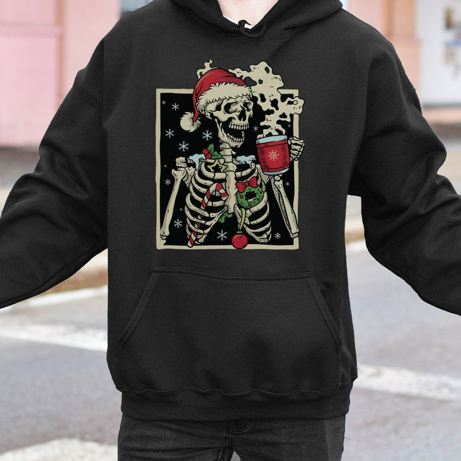 Christmas Skeleton Hoodie | Funny Dead Inside Coffee Graphic | Premium Cotton Blend Unisex Pullover | Holiday Gift for Coffee Lovers