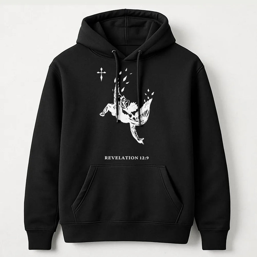 Revelation 12:9 Angel Graphic Hoodie | Fallen Angel Religious Streetwear | Premium Cotton-Blend Pullover | Faith-Inspired Gift for Men & Women