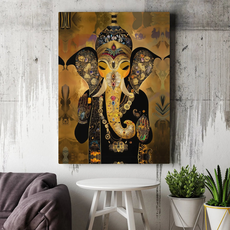 Ganesha Wall Art Canvas | Ornate Gold Abstract Elephant Print | Premium Gallery Wrapped Artwork | Spiritual Home Decor Gift for Meditation Room