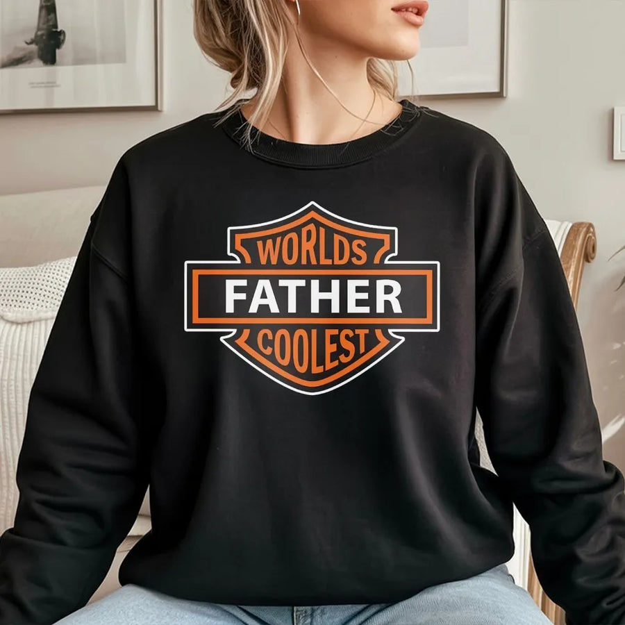 Worlds Coolest Father Sweatshirt | Biker Shield Graphic Design | Premium Cotton Blend | Funny Dad Gift for Motorcycle Lovers