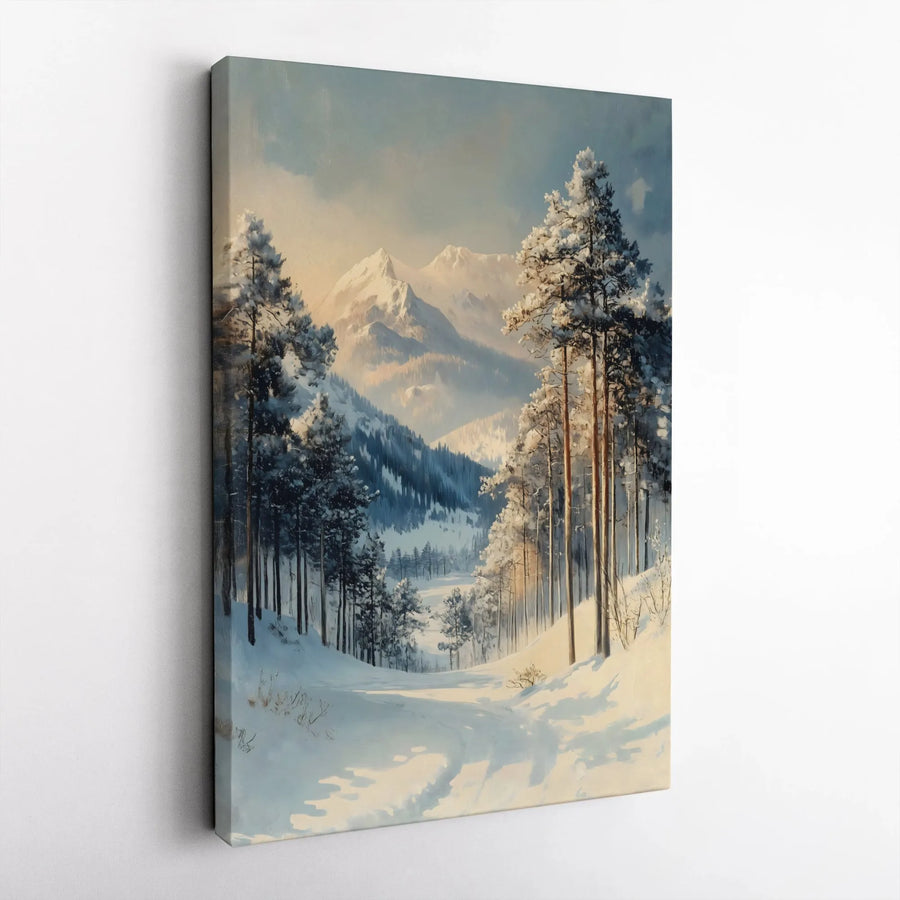 Winter Mountain Landscape Canvas Wall Art | Snowy Pine Forest Painting | Premium Gallery Wrapped Decor | Serene Nature Home Gift