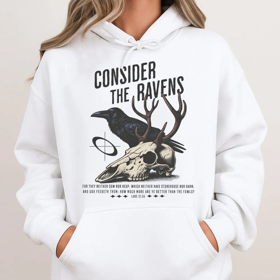 Consider The Ravens Hoodie | Luke 12:24 Scripture Graphic | Premium Cotton Blend | Christian Faith Gift for Him or Her