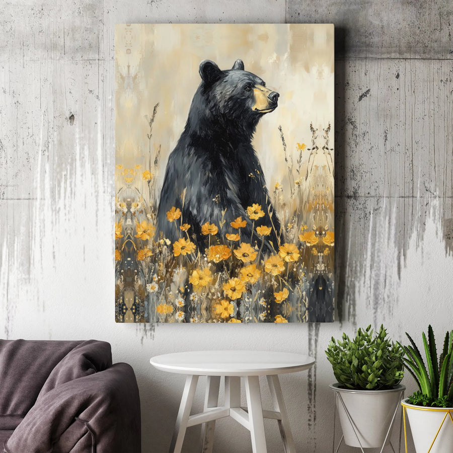 Black Bear Wall Art | Yellow Wildflower Meadow Print | 1.25" Premium Gallery Canvas | Wildlife Nature Decor for Cabin or Living Room