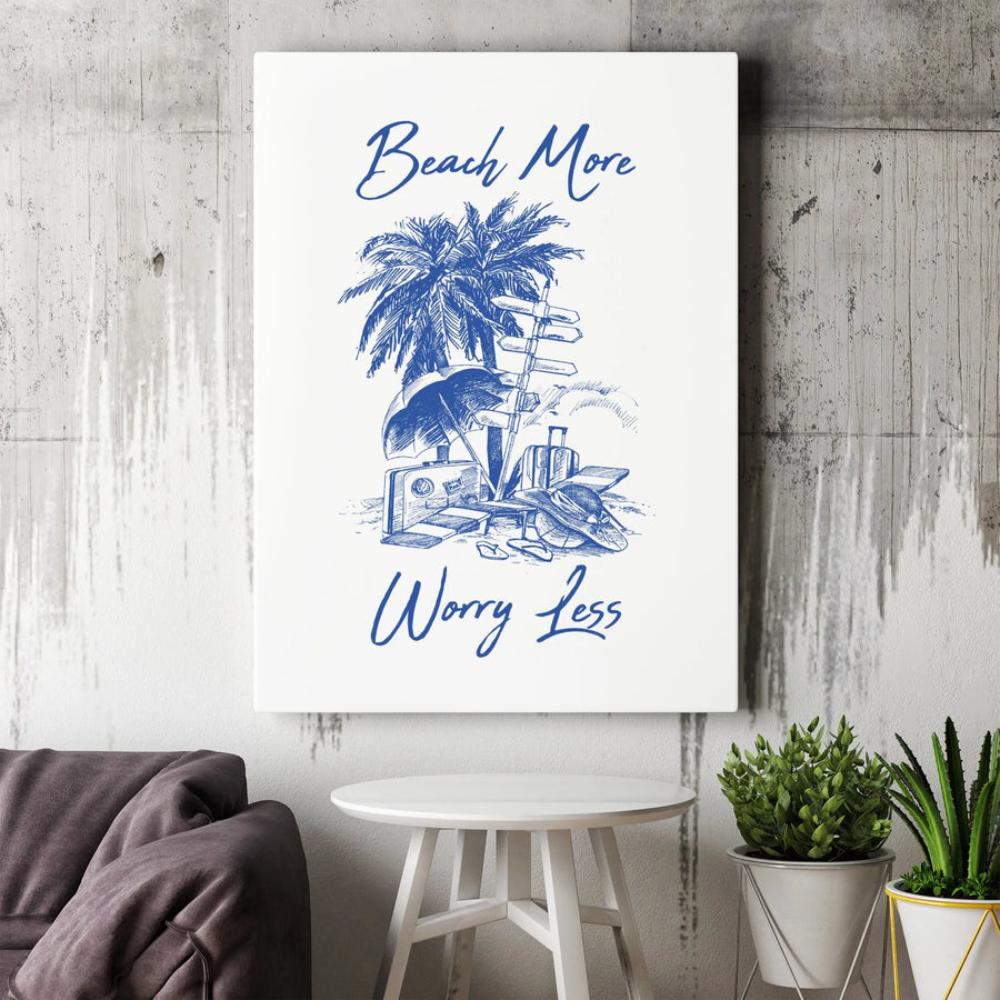 Beach More Worry Less Canvas Print | Palm Tree Travel Sketch Art | Gallery Wrap Premium Decor | Coastal Wall Art For Beach House Lovers