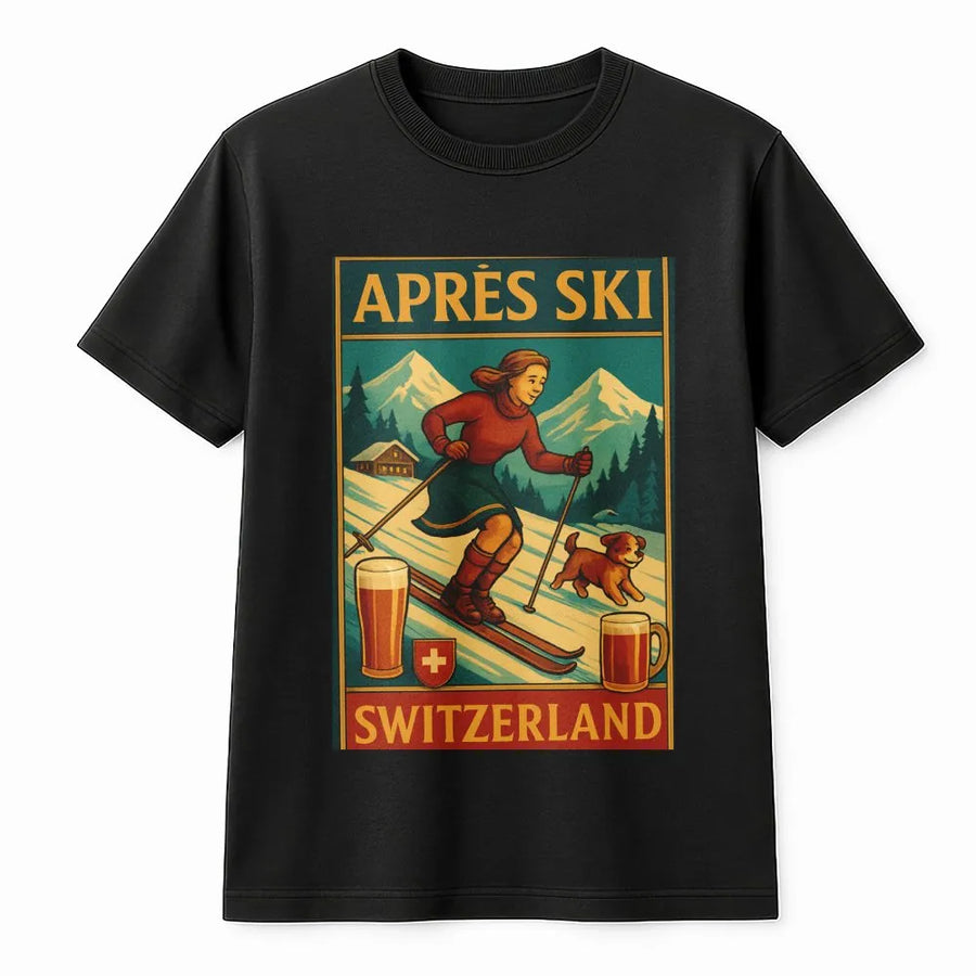 Après Ski Switzerland T-Shirt | Vintage Travel Poster Graphic | Premium Cotton Tee | Gift for Skier & Winter Sports Fan