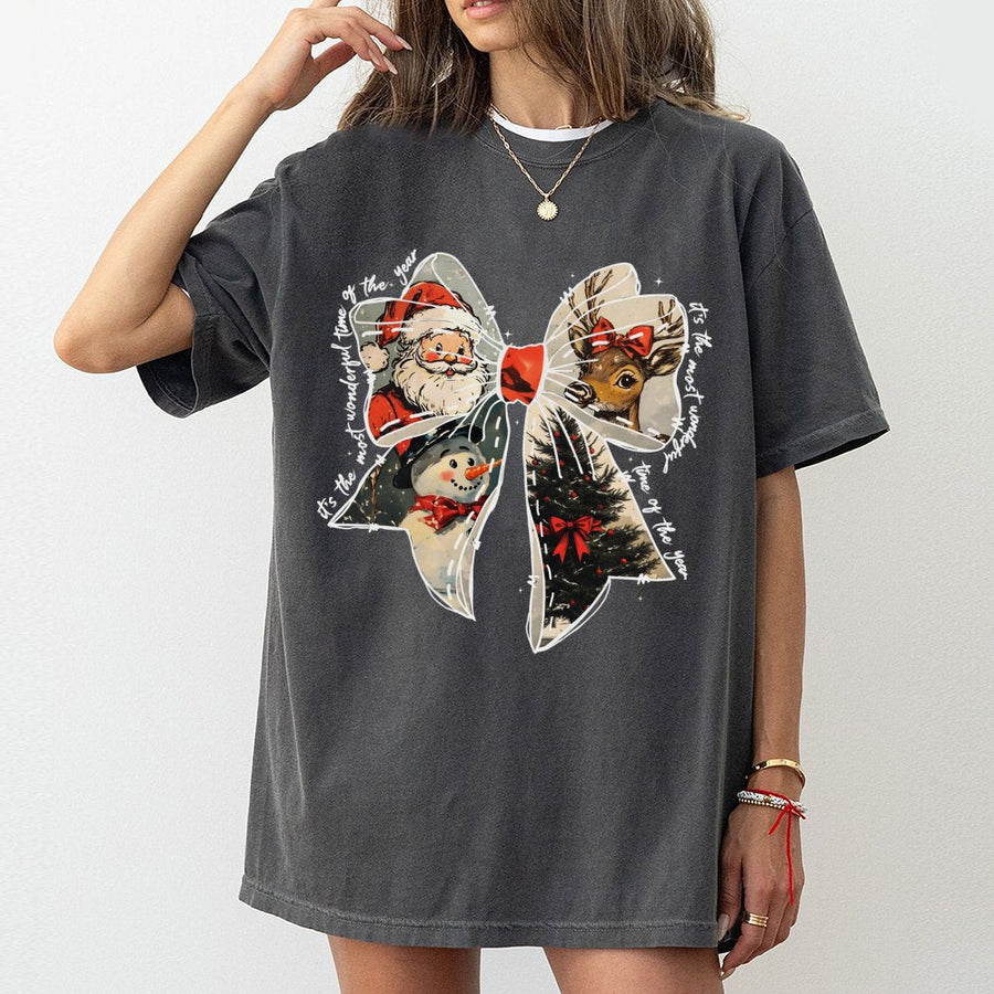 Christmas Coquette Bow T-Shirt | Retro Holiday Santa & Reindeer Graphic | 100% Cotton Premium Tee | Festive Gift for Women & Christmas Lovers