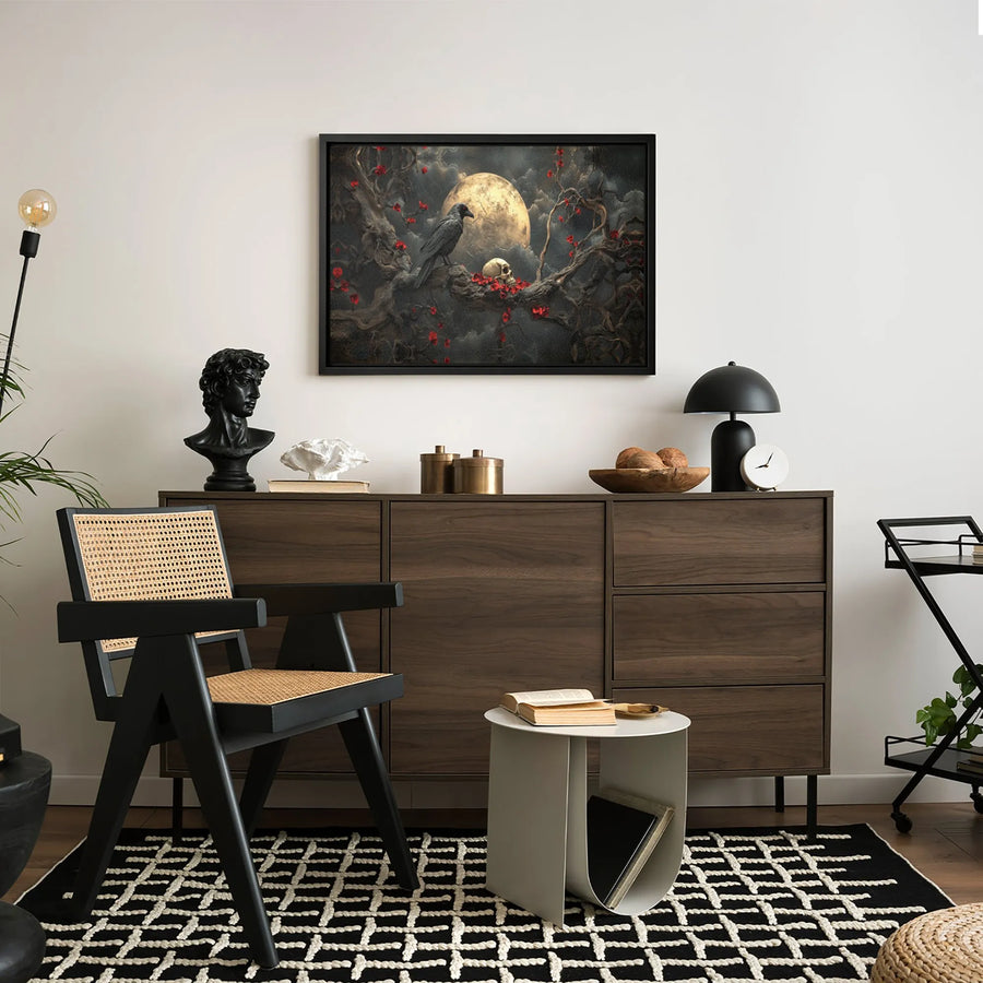 Gothic Raven Skull Canvas Art | Dark Academia Full Moon Wall Decor | Premium Fade-Resistant Gallery Print | Spooky Witchy Home Gift