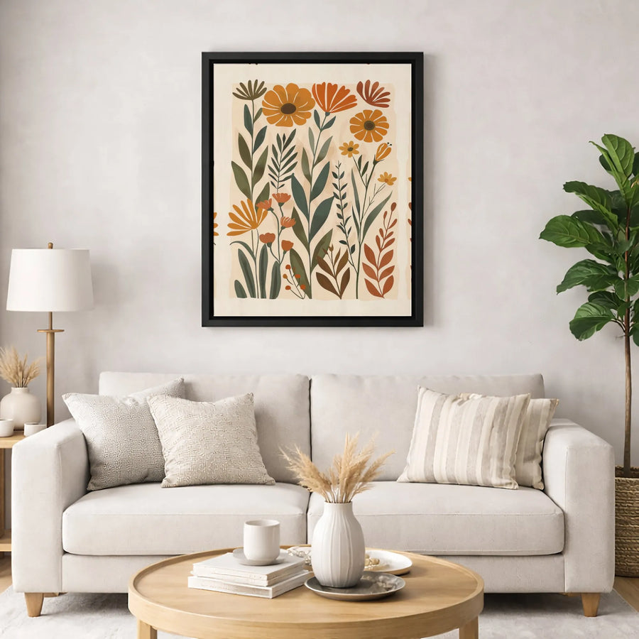 Boho Botanical Canvas Wall Art | Earthy Tone Wildflower Garden Illustration | Premium Fade-Resistant Gallery Print | Modern Home & Office Decor