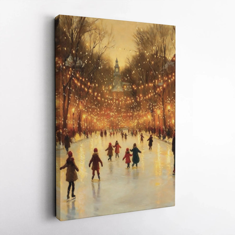 Winter Ice Skating Canvas Art | Impressionist City Street Christmas Scene | 1.25" Gallery Wrapped Premium Wall Decor | Cozy Seasonal Holiday Gift