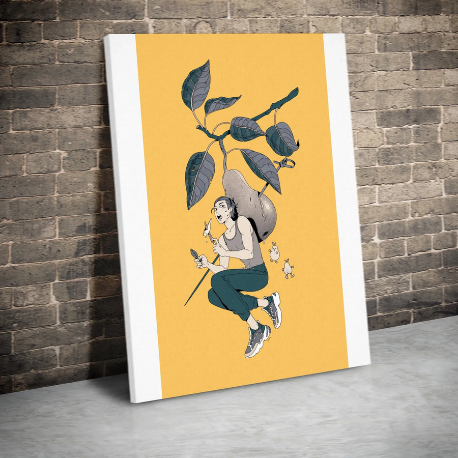 Surreal Pear Adventure Vertical Canvas | Whimsical Anime Illustration Wall Art | Premium Thick Gallery Wrap | Modern Home Decor Gift for Anime Fans