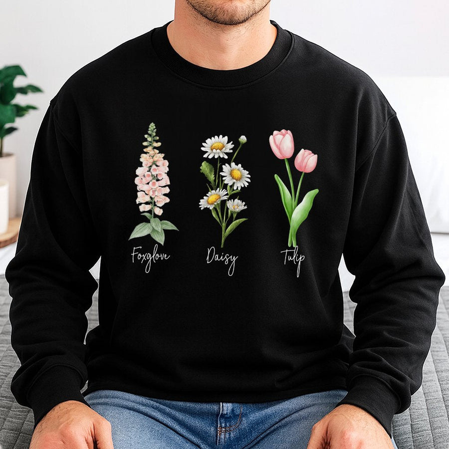 Botanical Flower Sweatshirt | Foxglove Daisy Tulip Illustration | Premium Cotton Blend Crewneck | Floral Nature Lover Gift For Her