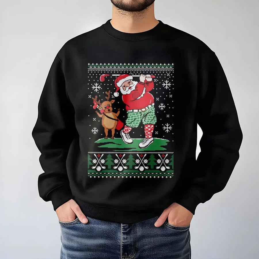 Golf Santa Christmas Sweatshirt | Funny Reindeer Golfer Ugly Sweater Design | Premium Cotton Blend | Holiday Golf Gift for Him and Her