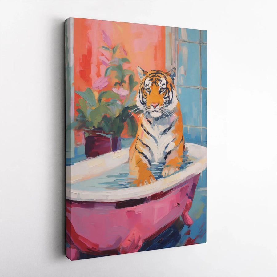 Tiger in Bathtub Canvas Wall Art | Impressionist Animal Oil Painting Style | Premium Gallery Wrap Decor | Quirky Maximalist Home Gift