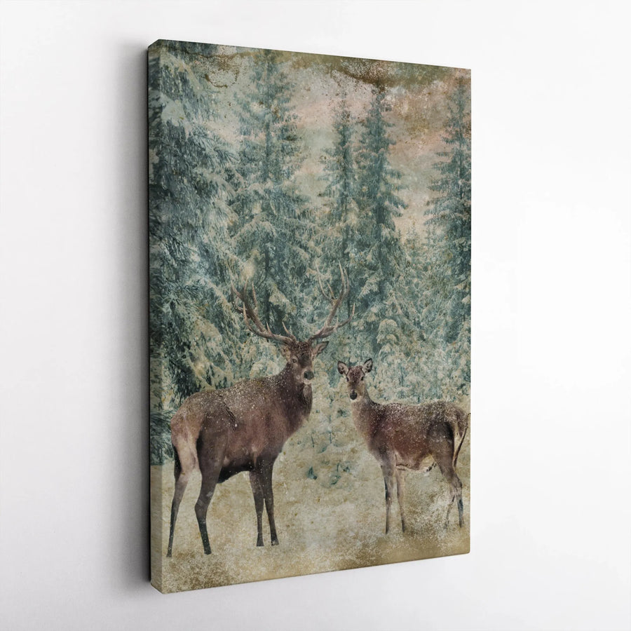 Winter Stag and Doe Canvas Wall Art | Snowy Forest Wildlife Print | Gallery-Quality 1.25-Inch Frame | Rustic Cabin Decor Gift