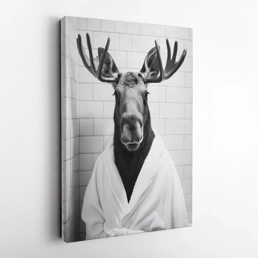 Moose In Bathrobe Canvas Art | Funny Bathroom Wall Decor | Premium Fade-Resistant Gallery Wrap | Whimsical Animal Portrait Gift