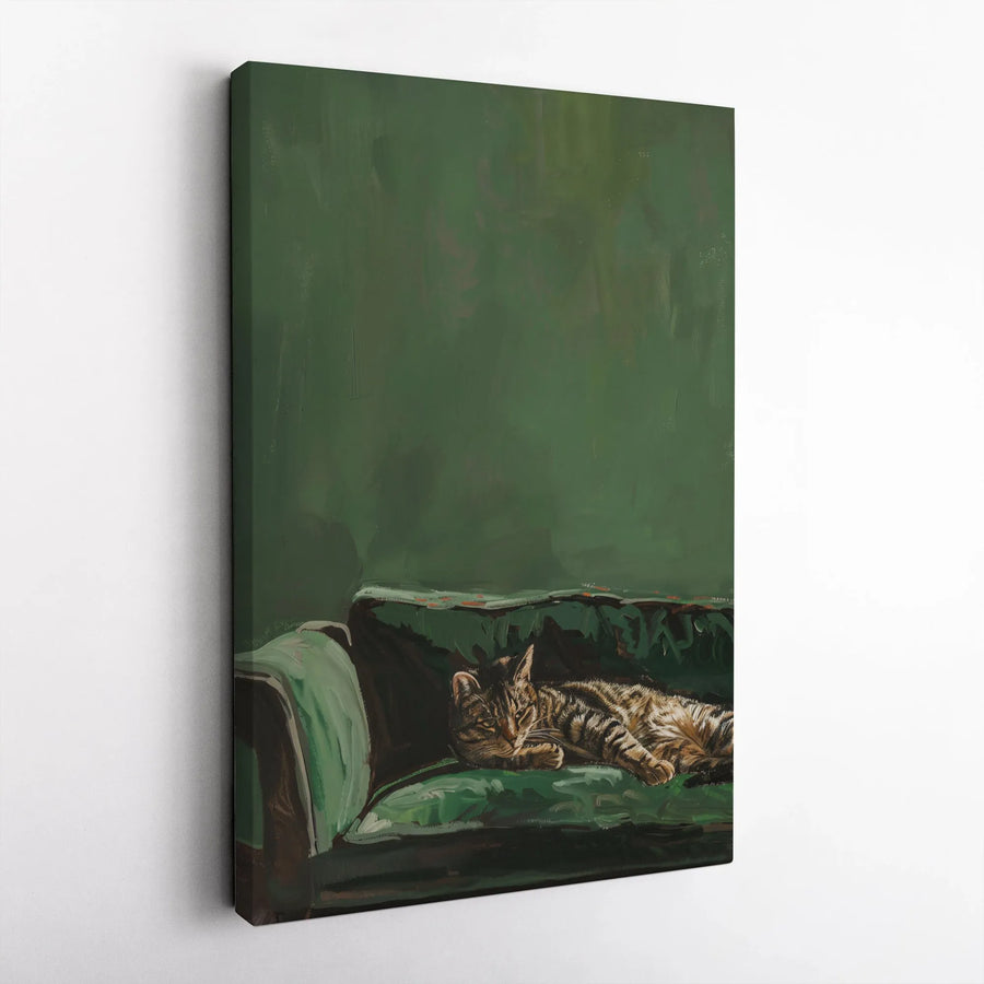 Tabby Cat On Green Couch Canvas Art | Modern Oil Painting Style Wall Decor | Premium 1.25" Gallery Wrap | Aesthetic Gift For Cat Lovers
