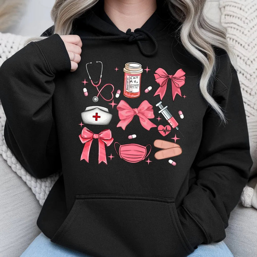 Coquette Nurse Hoodie | Aesthetic Pink Bow Stethoscope Design | Soft Cotton Blend | Nursing School Graduation Gift for Her