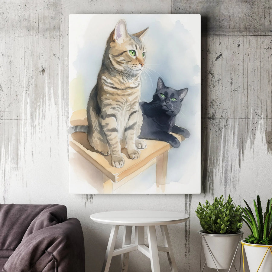 Cat Wall Art Print | Watercolor Tabby and Black Cat Illustration | Premium Gallery Wrapped Canvas | Gift for Cat Lovers and Pet Owners