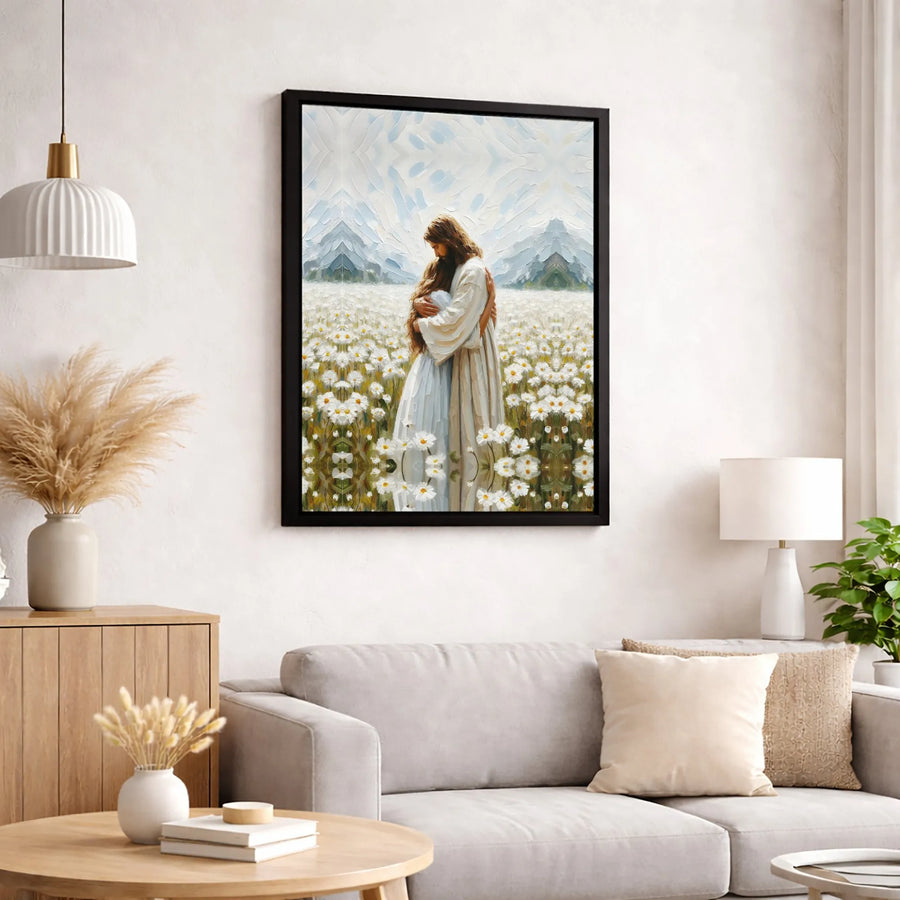 Jesus Embracing Woman Canvas Art | Oil Painting Style Daisy Field | Premium Gallery Wrap Wall Decor | Christian Gift for Home Office