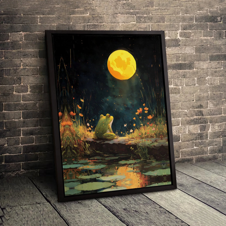 Frog Wall Art | Full Moon Lily Pond Landscape Canvas | Gallery-Wrapped Premium Print | Cottagecore Nature Decor for Living Room