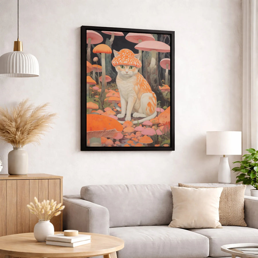 Mushroom Cat Canvas Wall Art | Whimsical Orange Kitten in Toadstool Forest | Premium Fade-Resistant Print | Cute Cottagecore Home Decor Gift
