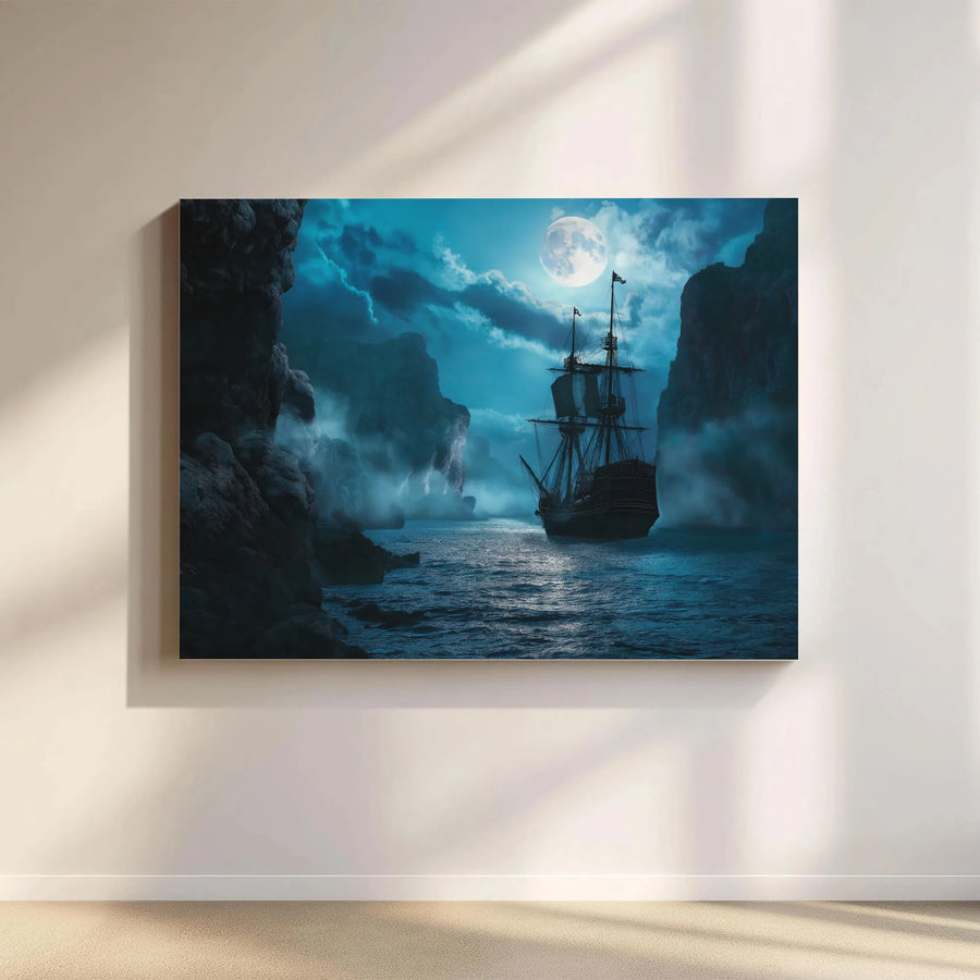 Pirate Ship Wall Art | Misty Ocean Nightscape | Premium Gallery Wrapped Canvas | Nautical Home Decor For Living Room And Office