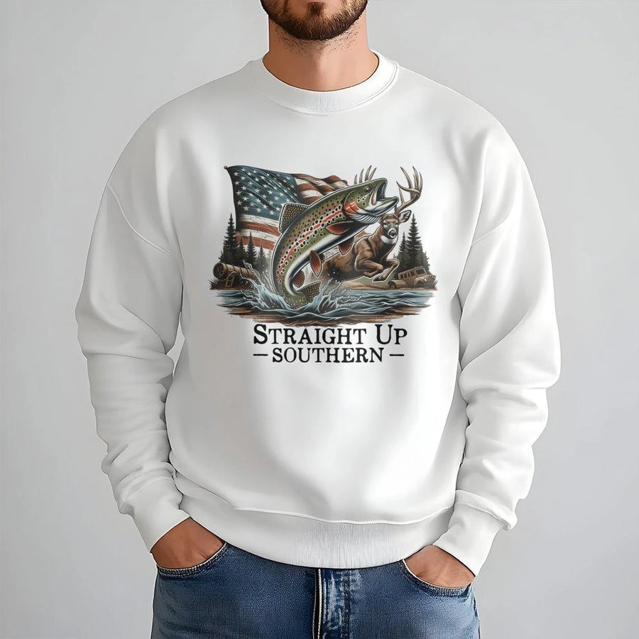 Hunting and Fishing Sweatshirt | USA Flag Deer Trout Graphic | Premium Cotton Blend | Country Style Gift for Outdoorsmen
