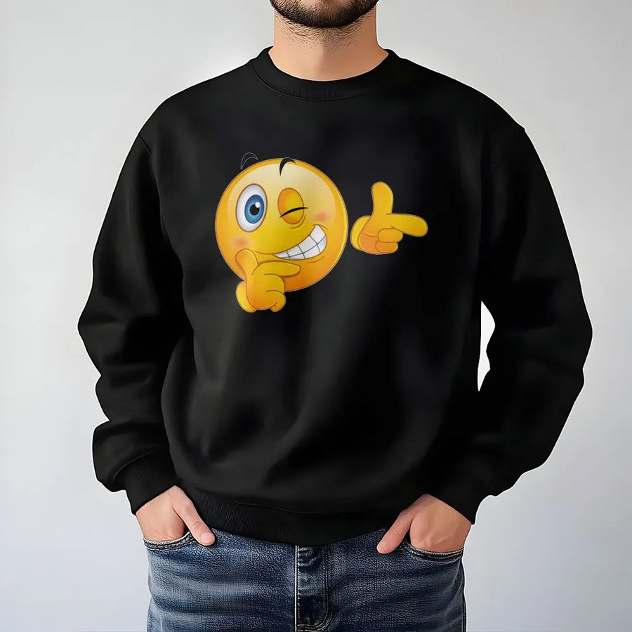 Winking Smiley Finger Guns Sweatshirt | Playful Emoji Graphic Design | Premium Cotton Blend Fabric | Unisex Funny Aesthetic Streetwear Gift