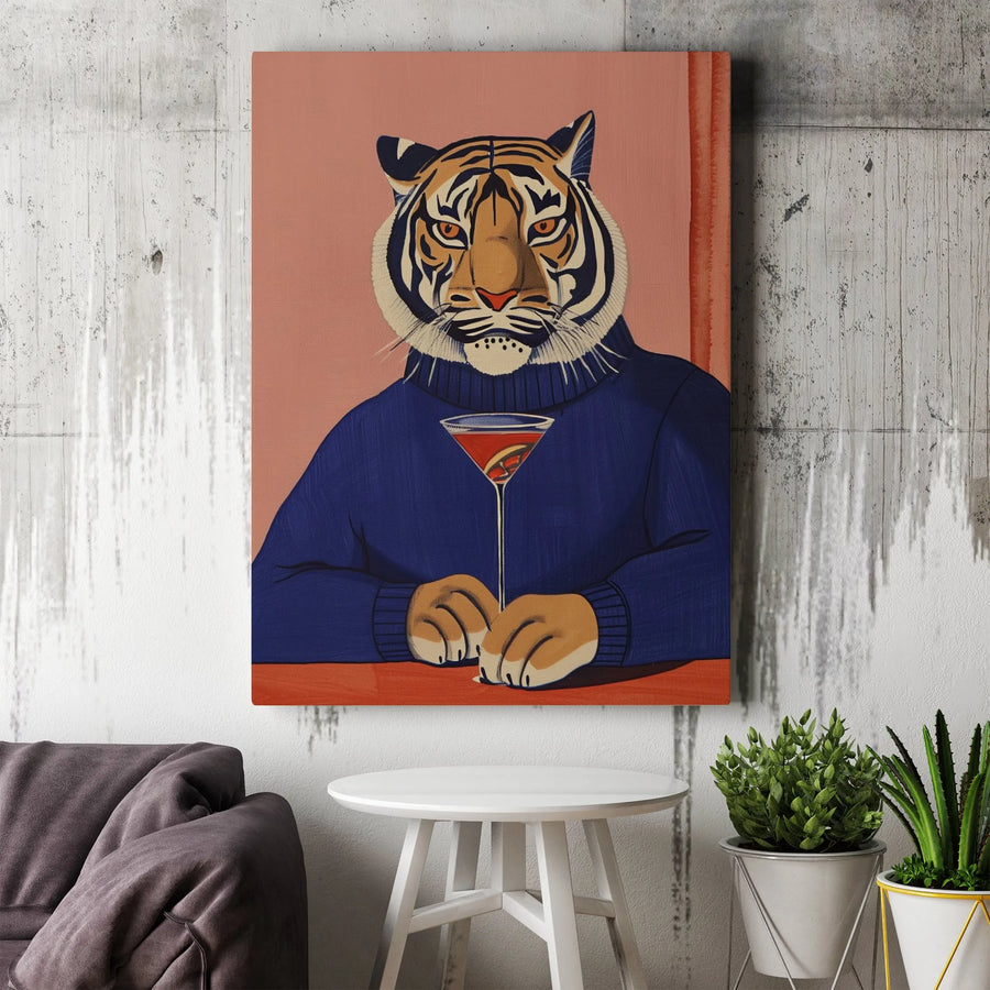 Tiger Martini Vertical Canvas | Anthropomorphic Tiger in Blue Turtleneck drinking Cocktail | 1.25" Gallery Wrap Premium Print | Quirky Home Bar Wall Decor Gift