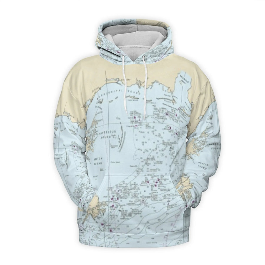Mississippi Sound Nautical Chart 3D Hoodie | Vintage Map All-Over Print | Premium Polyester Fleece | Gift for Boaters and Sailors