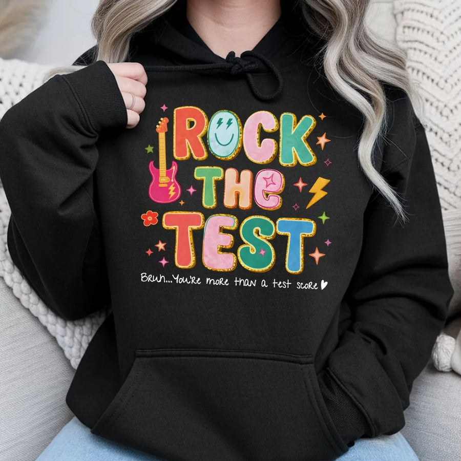 Rock The Test Hoodie | Colorful Retro Graphic Sweatshirt | Premium Cotton-Blend | Motivational Teacher Gift for State Testing Week