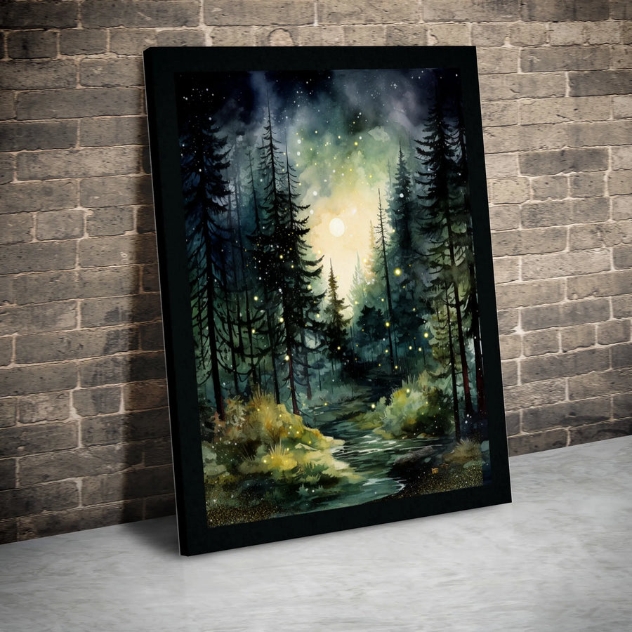 Enchanted Forest Canvas Wall Art | Watercolor Night River & Fireflies | Premium 1.25" Gallery Wrap | Nature Lover Home Decor Gift