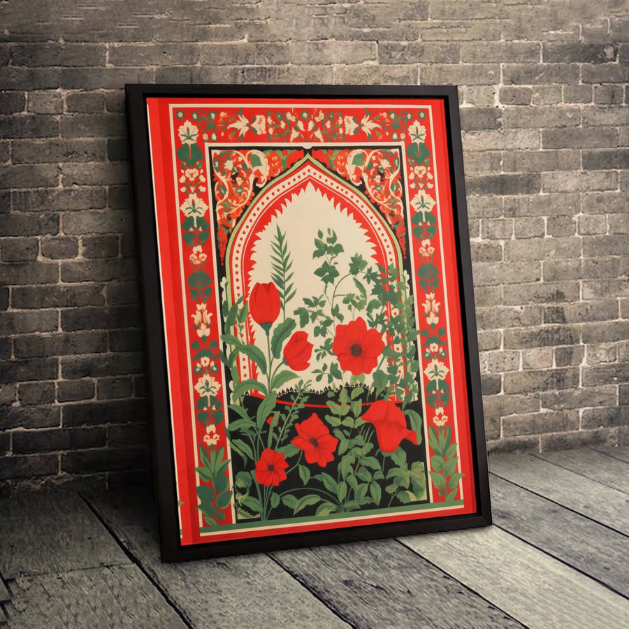 Mughal Floral Canvas Wall Art | Persian Poppy Archway Print | Premium Fade-Resistant Gallery Wrap | Decorative Home Decor Gift