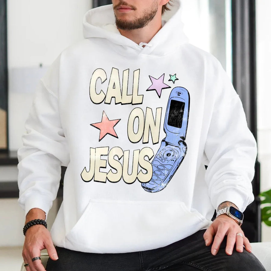Call On Jesus Hoodie | Retro 90s Flip Phone Graphic | Soft Premium Cotton Blend | Christian Gift For Men And Women