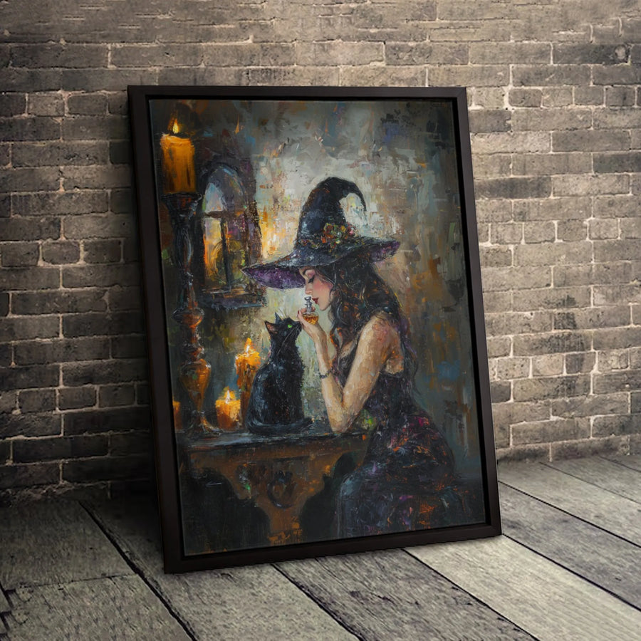 Witch and Black Cat Canvas Art | Gothic Fantasy Potion Painting | Gallery-Wrapped 1.25" Profile | Moody Witchy Home Decor Gift