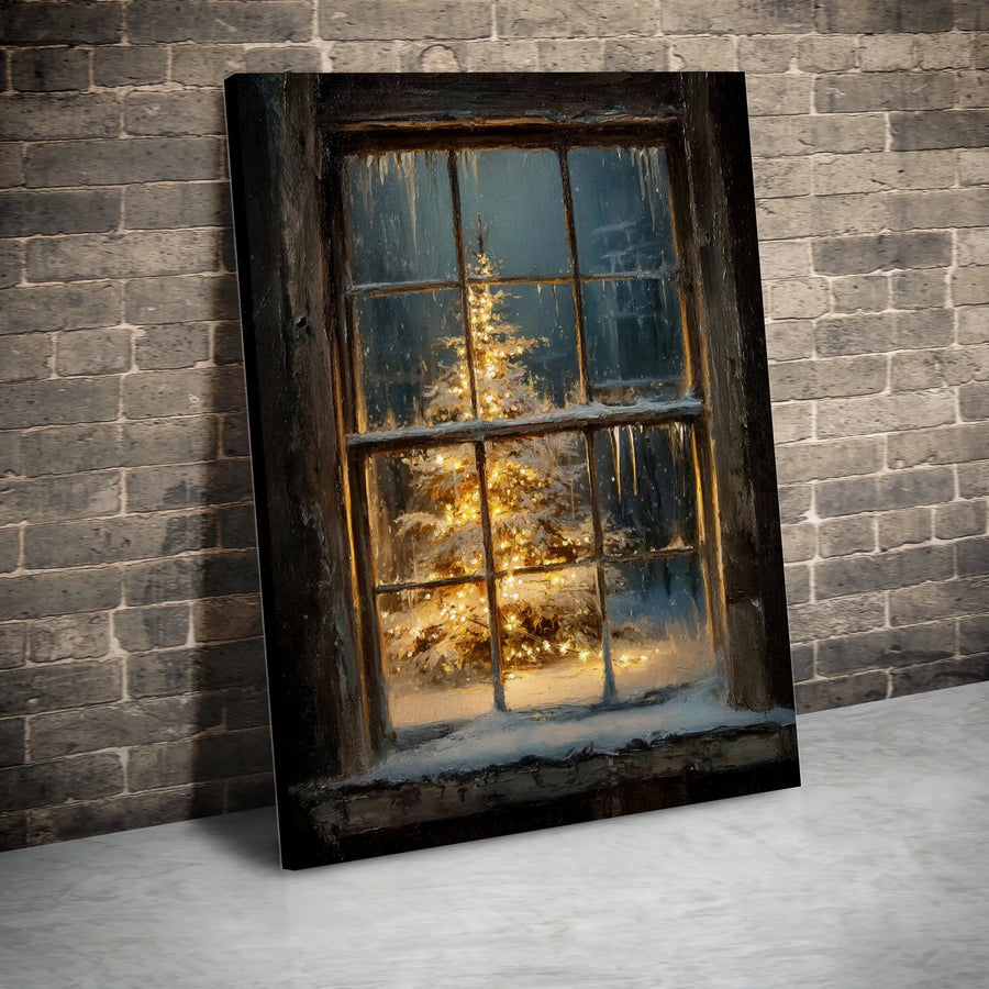 Christmas Tree Snowy Window Canvas Print | Rustic Winter Holiday Wall Art | Gallery Quality 1.25-Inch Profile | Seasonal Home Decor Gift