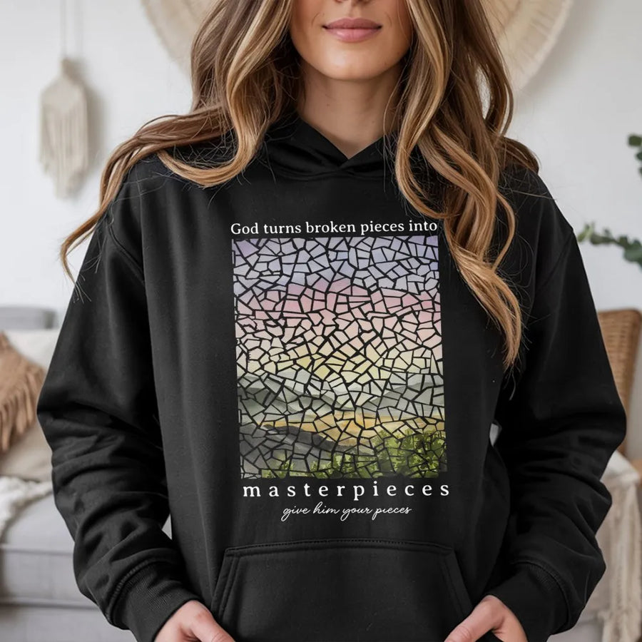 God Turns Broken Pieces Into Masterpieces Hoodie | Inspirational Christian Quote Graphic | Premium Soft Cotton Blend | Religious Faith Gift For Her