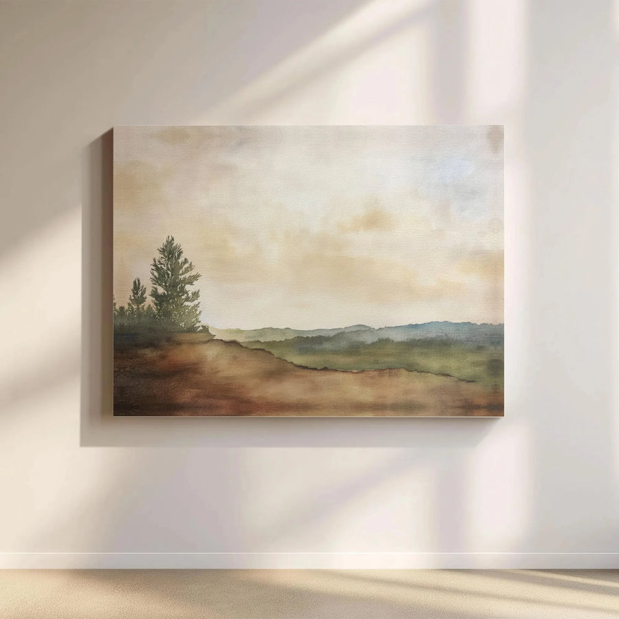 Misty Landscape Canvas Wall Art | Neutral Pine Tree Rolling Hills Painting | Premium Gallery Wrap Print | Modern Farmhouse Living Room Decor