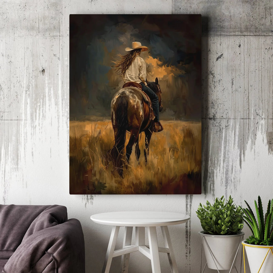Western Cowgirl Canvas Print | Rustic Horse Riding Painting | Premium Fade-Resistant Canvas | Western Decor Gift for Her