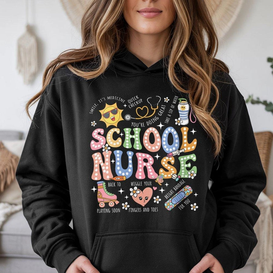 School Nurse Hoodie | Retro Groovy Nursing School Design | Premium Cotton Blend | Perfect Gift for RN Nursing Students & Healthcare Staff
