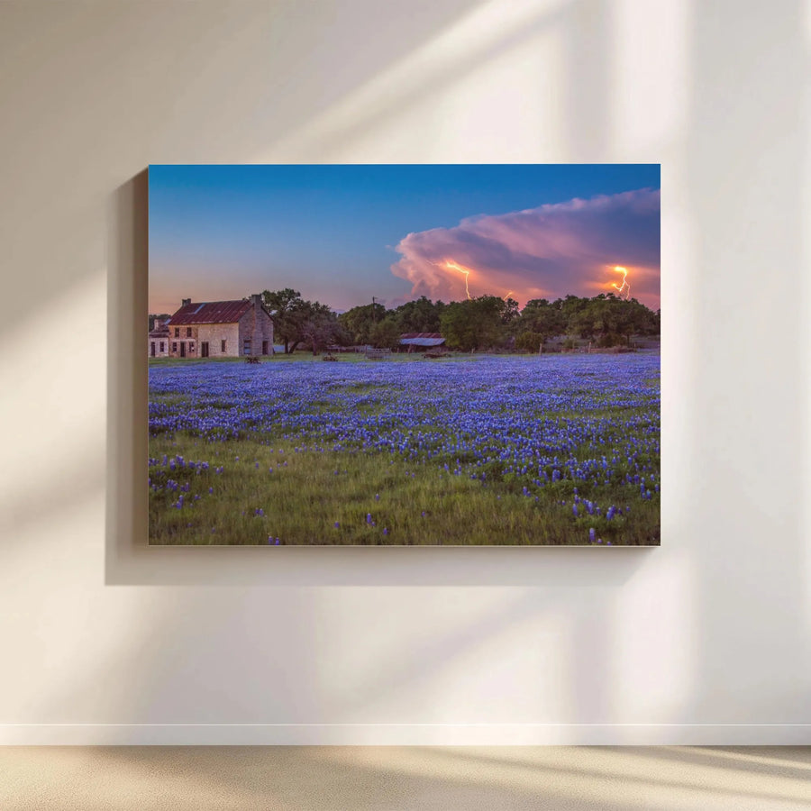 Texas Bluebonnet Field with Lightning Storm Horizontal Canvas | Rustic Hill Country Farmhouse Sunset Landscape Art | 1.25 Inch Gallery Wrap | Texas Pride Housewarming Gift