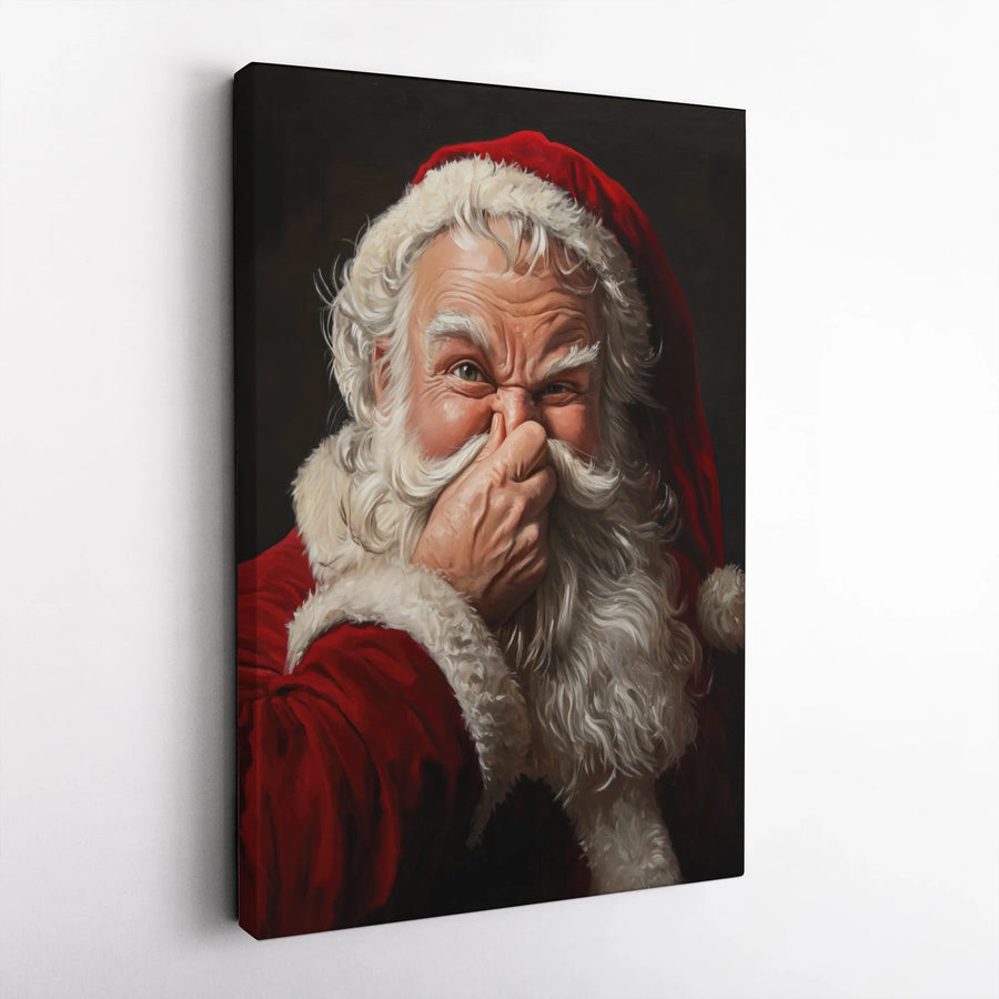 Funny Santa Claus Canvas Wall Art | Whimsical Holding Nose Holiday Portrait | Premium Gallery Wrapped Print | Unique Christmas Gift for Home Decor