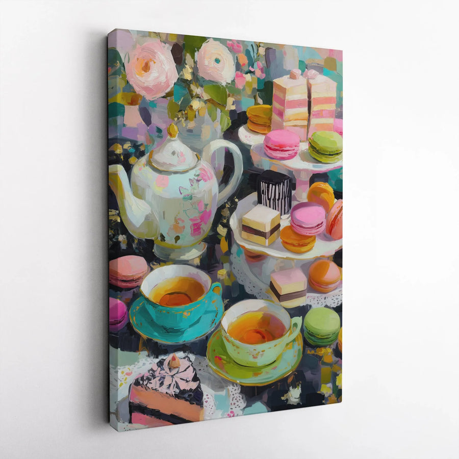 Afternoon Tea Party Canvas Art | Impressionist Dessert & Flowers Painting | Premium 1.25" Gallery Wrap | Kitchen Decor Gift for Tea Lovers