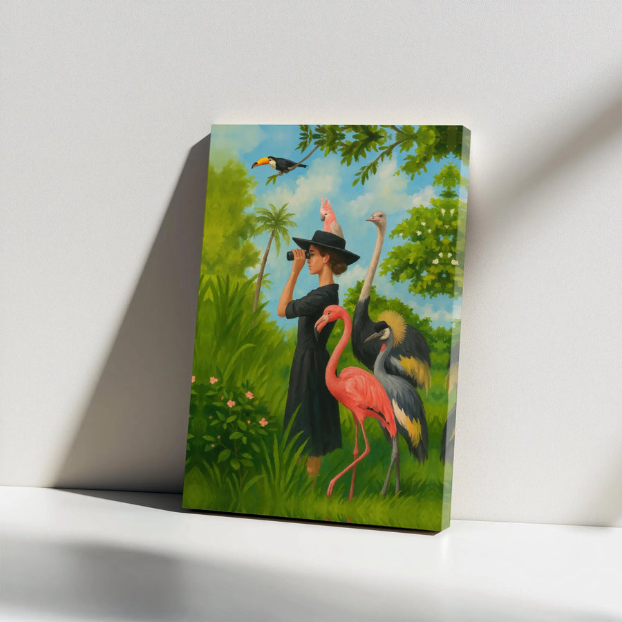 Exotic Bird Watcher Canvas Art | Surreal Jungle Painting with Flamingo & Toucan | Premium Gallery Wrap Print | Unique Wall Decor Gift for Nature Lovers