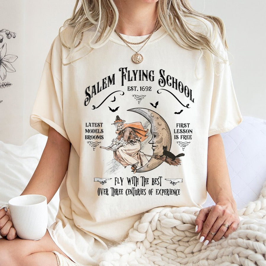 Salem Flying School Witch T-Shirt | Vintage Aesthetic Halloween Graphic Tee | 100% Premium Cotton | Spooky Gift for Witchy Lovers
