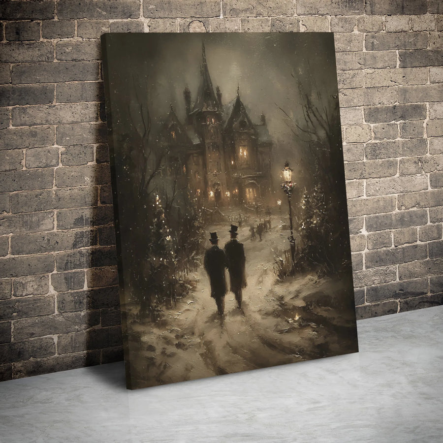 Victorian Winter Mansion Canvas Art | Snowy Gaslamp Street Scene | Premium Gallery Wrap Print | Atmospheric Moody Wall Decor for Victorian Lovers