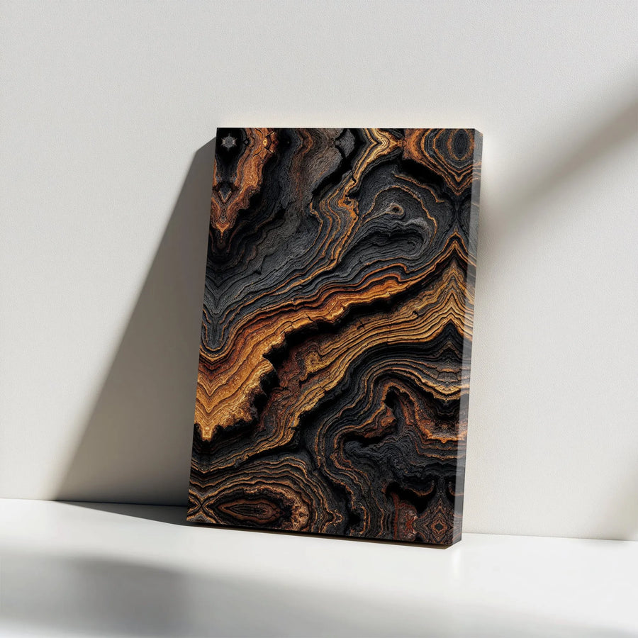 Burnt Wood Texture Canvas Wall Art | Modern Organic Abstract with Gold Veins | Premium Thick Gallery Canvas | Statement Piece for Living Room or Office